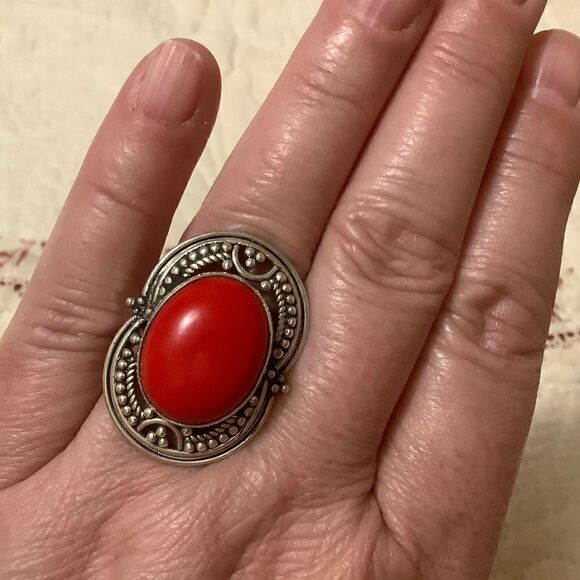 STERLING SILVER 925 RED CORAL WOMAN RING SIZE US 8​ - Picture 6 of 8